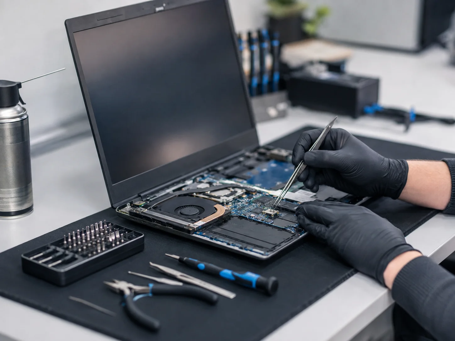 Technik serwisu przy naprawie płyty głównej laptopa
